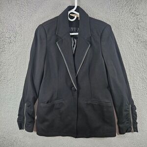 DKNY Jeans Womens Black Zipper Trim Ponte Knit Blazer Jacket Sz 12 Ruched Sleeve